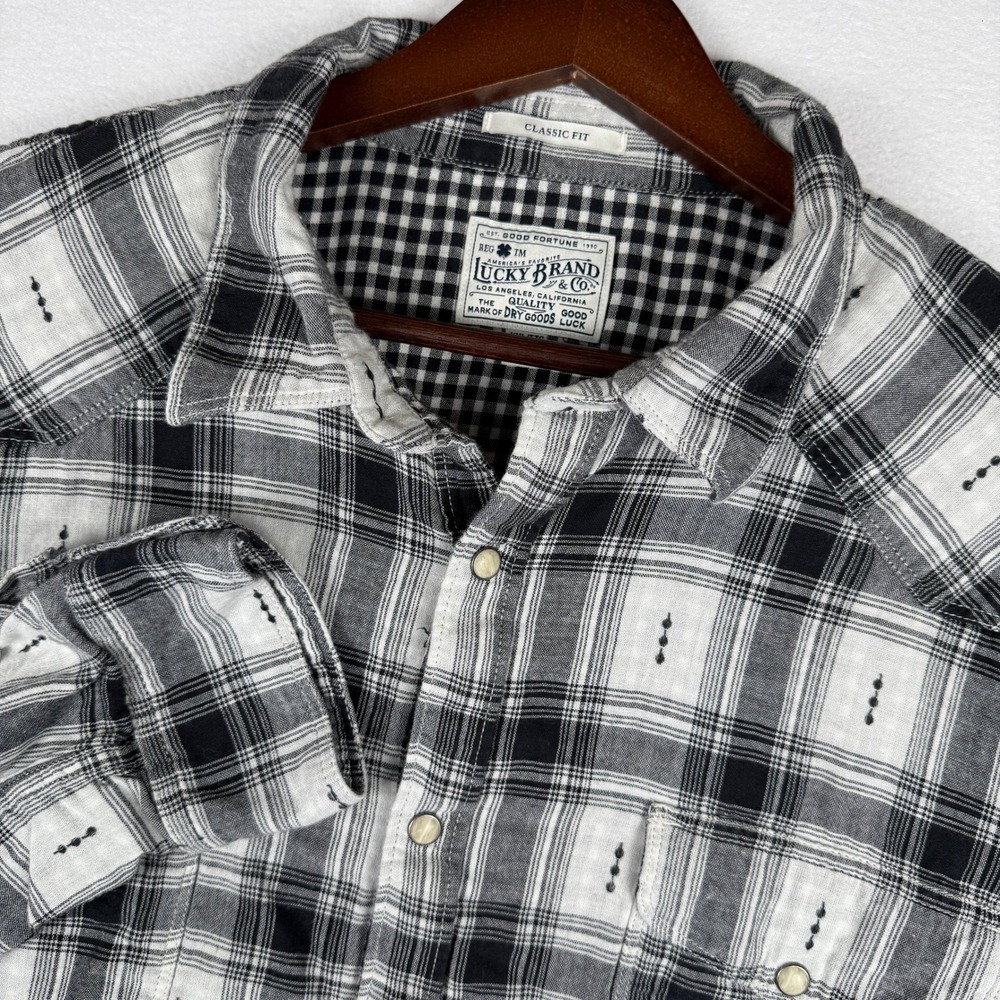 Lucky Brand Dobby Plaid Western Pearl Snap Shirt Men 2XL Long Sleeve Flap Pocket